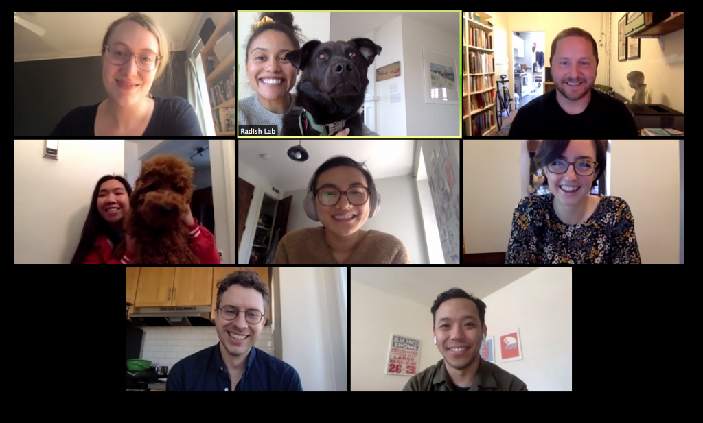 A photo of Radish Lab team members on a Zoom conference call, smiling at the camera.