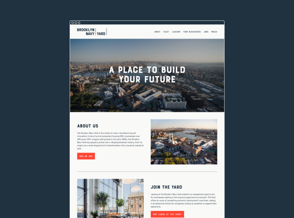 The Brooklyn Navy Yard website on a blue background