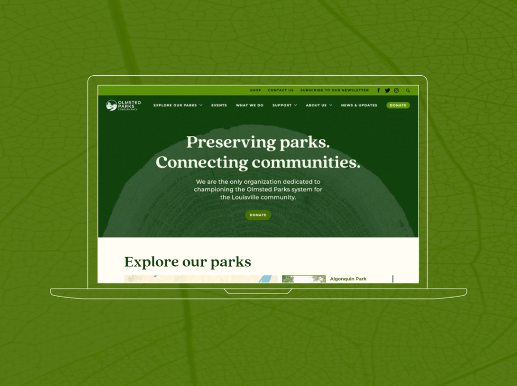 The Olmsted Parks Conservancy website on a green leaf background